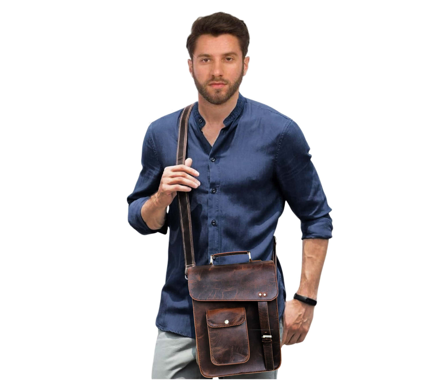 This Image Showcases A Man Wearing Stylish, Vintage-inspired Leather Crossbody Bag Crafted From Distressed Buffalo Leather, Giving It Rugged, Classic Look. The Features Flap Closure With Metallic Studs And Buckle Strap For Added Security. Front Includes Convenient Quick-access Pocket, Ideal Items Like Keys Or Wallet. Adjustable Shoulder Ensures Comfortable Wear, While Overall Size Design Make Perfect Daily Essentials, Travel, Casual Outings