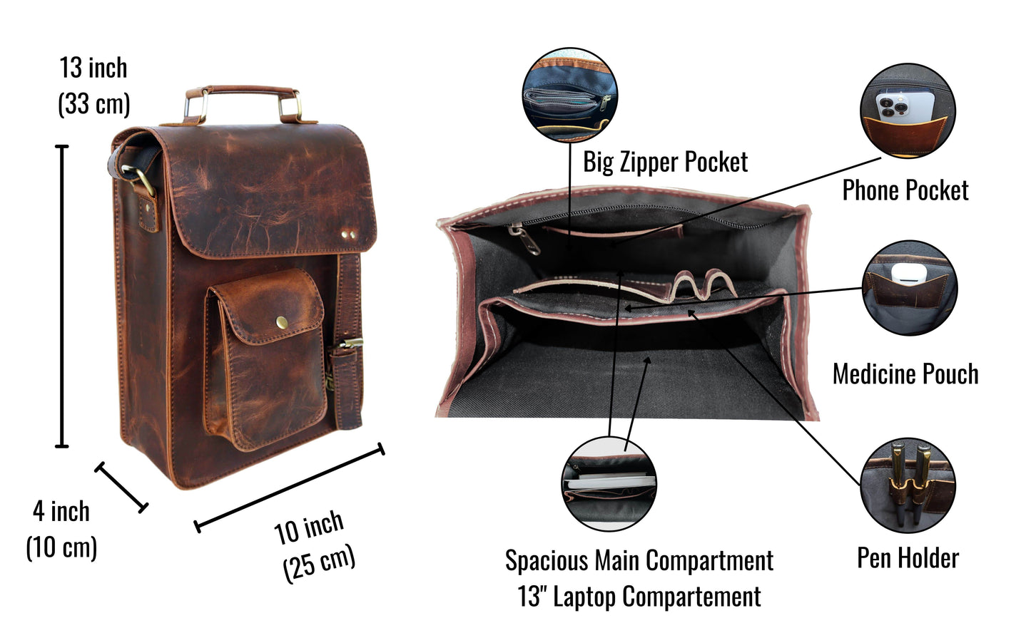 This Image Presents A Compact Yet Functional Leather Crossbody Bag, Measuring 13 Inches (33 Cm) In Height, 10 Inches (25 Cm) In Width, And 4 Inches (10 Cm) In Depth. Crafted From Sturdy, Structured Buffalo Leather, It Features A Front Flap With A Quick-access Pocket For Convenience. The Interior Is Thoughtfully Organized With Multiple Compartments, Including A Large Zipper Pocket For Secure Storage, A Phone Slot, Medicine Pouch, And Pen Holder. A Perfect Personalized And Customized Gift For Men And Women