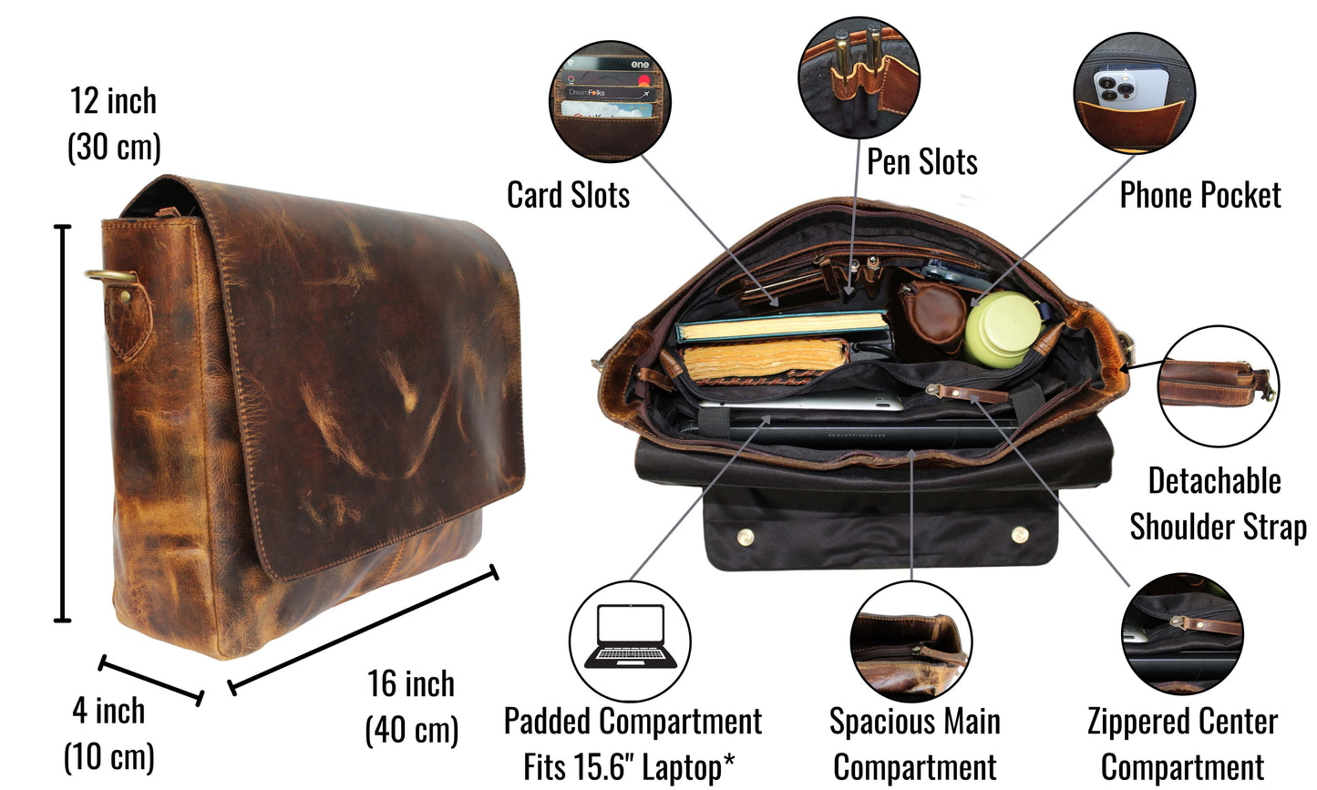 This 16x12x4 Inch Handmade Vintage Leather Messenger Bag Is Crafted From 100% Genuine Buffalo Leather, Offering The Perfect Blend Of Rugged Durability And Timeless Style. It Features A Padded Compartment For Laptops Up To 15.6", Spacious Main Storage, Card Pen Slots, Zippered Center Section, Dedicated Phone Pocket—ideal Professionals, Students, Or Travelers. With Detachable, Adjustable Shoulder Strap Refined Stitching, It’s Personalized Customized Gift Men Women—ideal As Birthday Graduation Gift.