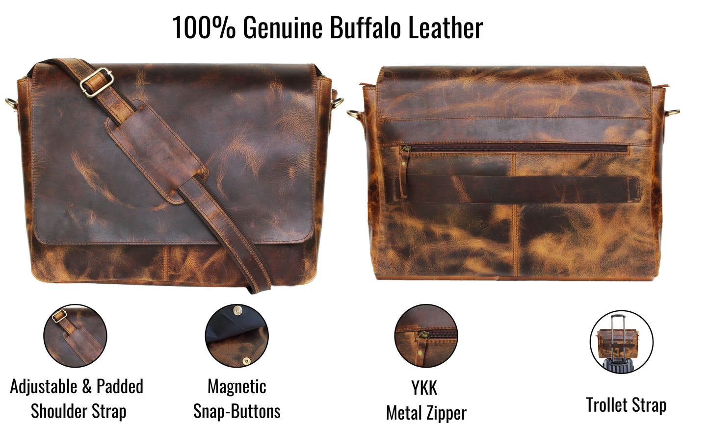 Crafted From 100% Genuine Buffalo Leather, This Vintage Messenger Bag Is A Perfect Personalized Gift For Men And Women, Offering Both Function And Elegance. Featuring An Adjustable Padded Shoulder Strap, Strong Ykk Zippers, Secure Magnetic Snaps, And A Trolley Strap, It’s Ideal For Travel, Office, Or Daily Use. This Customized Bag Makes A Thoughtful Birthday Gift, Graduation Gift, Or Stylish Crossbody Briefcase For Those Who Appreciate Handcrafted Durability.