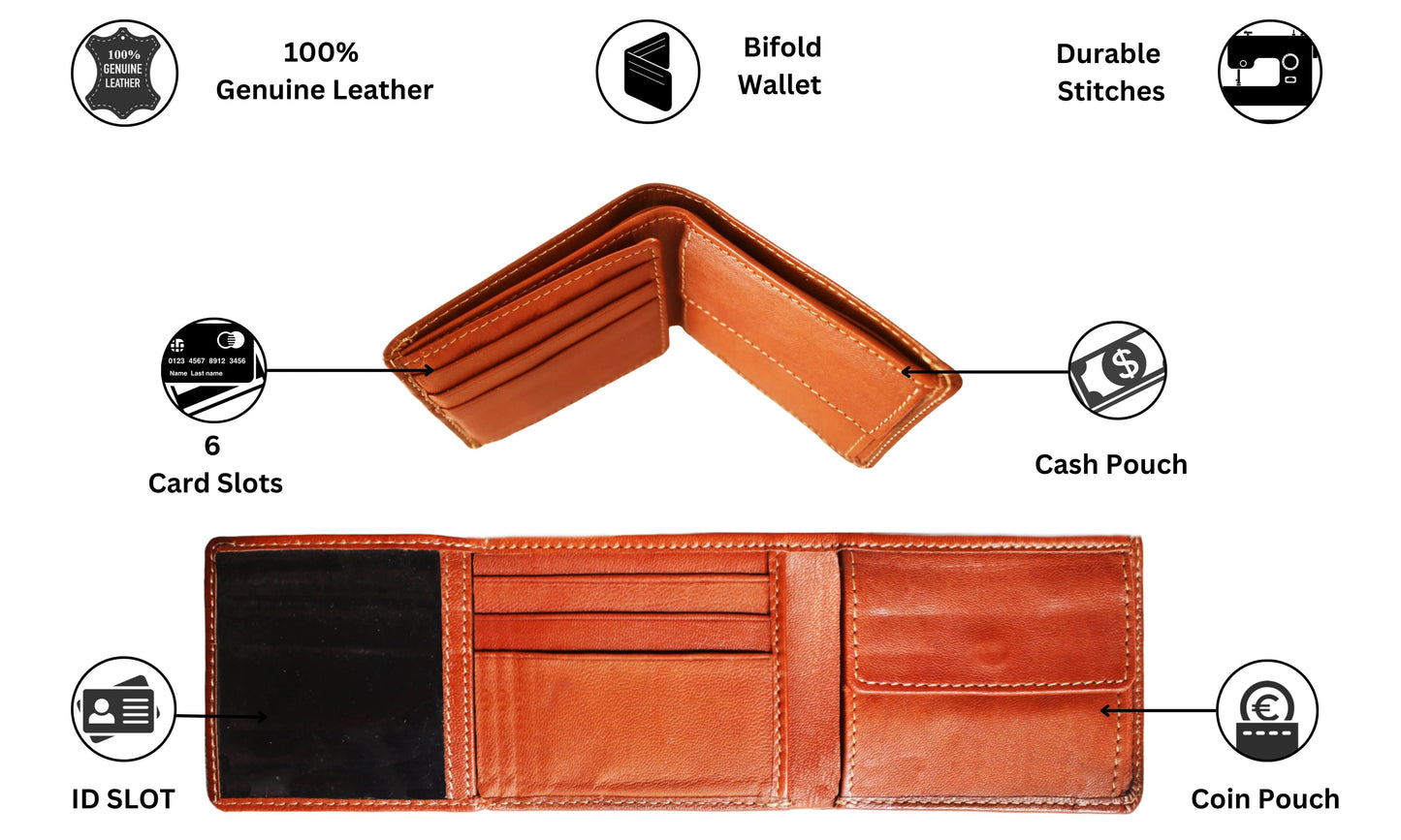 Personalized Slim Bifold Wallet, Expertly Handcrafted From 100% Genuine Leather. Designed For Comfort And Functionality, This Stylish Wallet Features 6 Card Slots, An Easy-access Id Slot, A Secure Coin Pouch, And A Spacious Cash Compartment — All In A Compact, Slim Profile That Fits Comfortably In Your Pocket. The Durable Stitching Ensures Long-lasting Use, While The Bifold Design Keeps Your Essentials Organized Without Bulk. Perfect As A Thoughtful Gift For Him, This Leather Wallet Combines Elegance