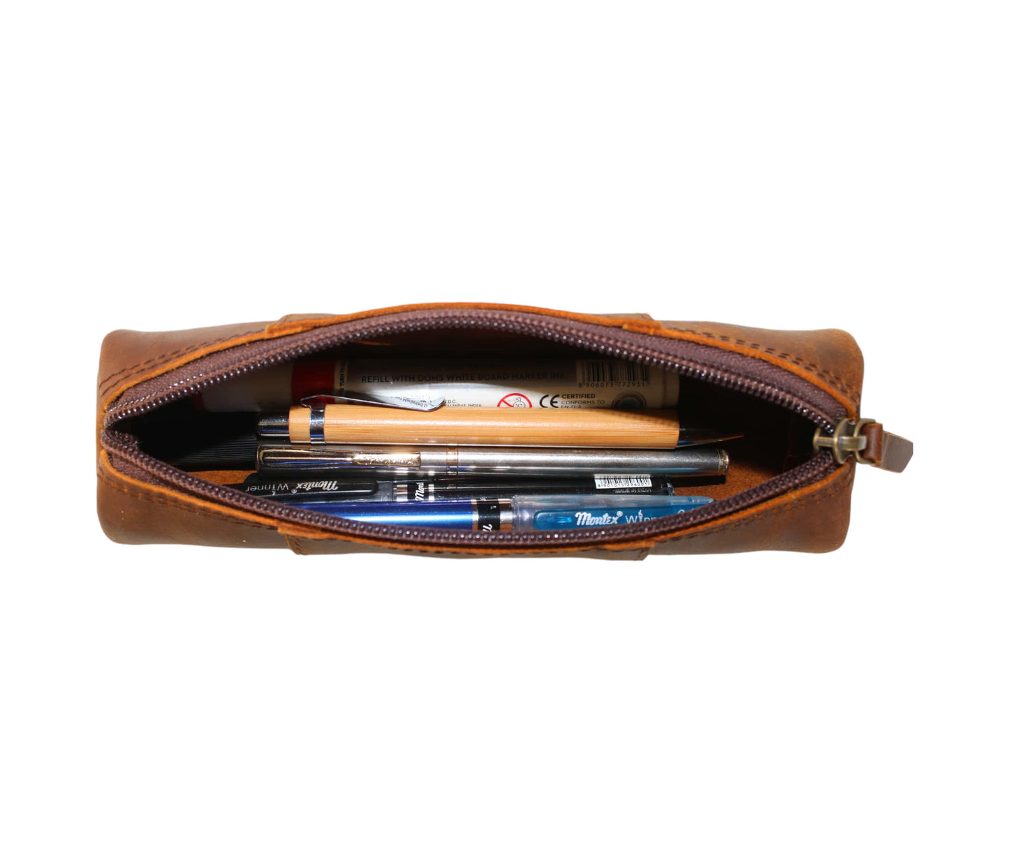 This premium brown leather pencil case combines elegance with everyday functionality. Handcrafted from high-quality genuine leather, it features a smooth zipper closure and spacious interior to securely store pens, pencils, markers, and office supplies. Its slim, vintage-inspired design fits easily into bags or briefcases. Ideal for students, professionals, and artists, it makes a perfect personalized birthday gift, graduation gift, or customized gift for men and women.
