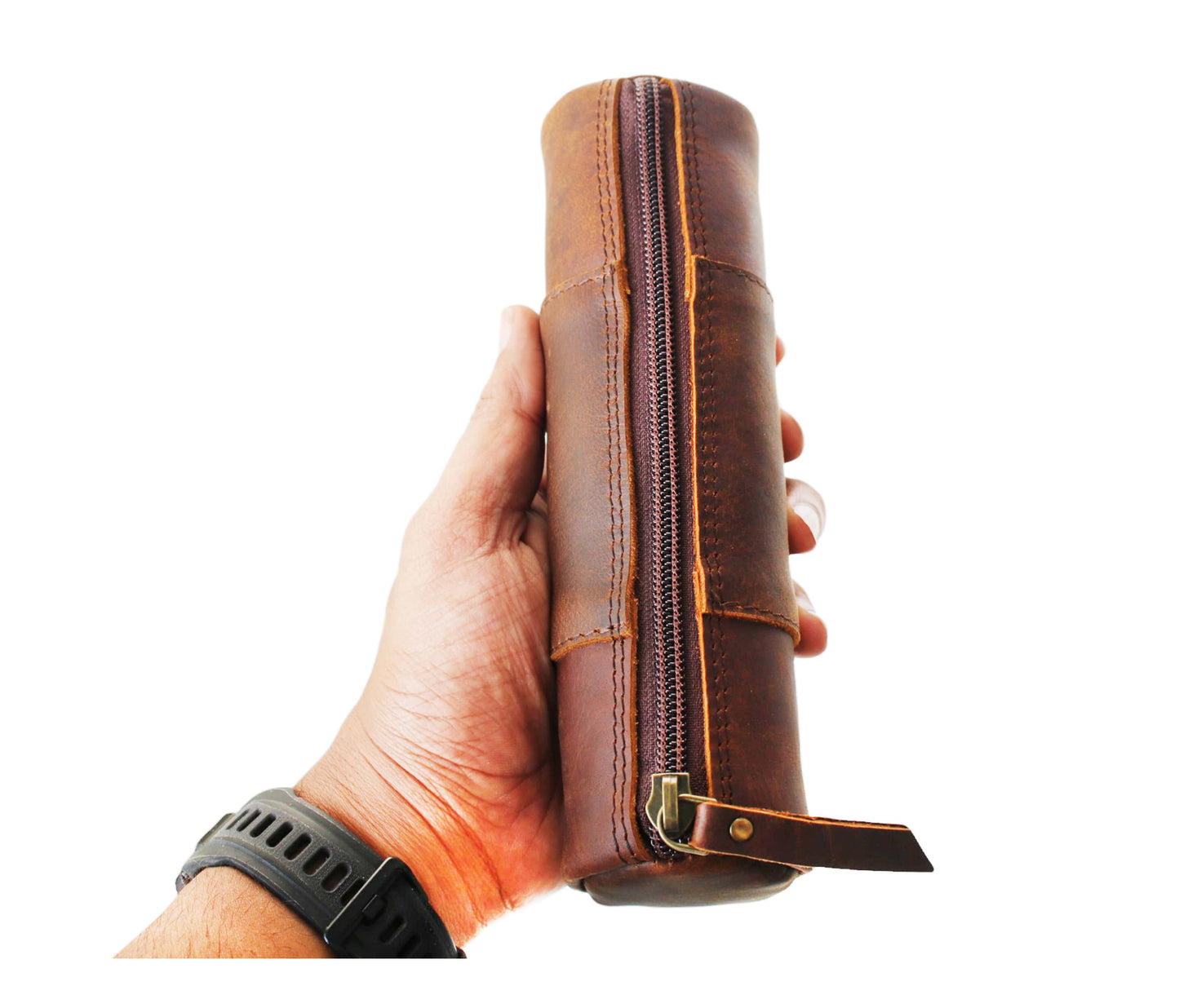 This Brown Leather Pencil Case, Comfortably Held In Hand, Showcases A Compact And Portable Design. Crafted From Premium Genuine Buffalo Leather, It Features Strong Stitching High-quality Ykk Zipper For Durability. Its Sleek Cylindrical Shape Stores Pens, Pencils, Markers, Small Tools While Maintaining Minimalist Vintage Style. Ideal Students, Artists, Professionals, It’s Perfect Personalized Birthday Gift, Graduation Or Customized Gift Men Women.