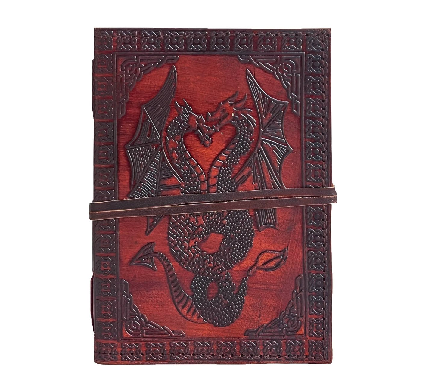 Unleash Your Imagination With This Handcrafted Leather Journal, Featuring An Intricately Embossed Twin Dragon Design That Radiates Power And Mystique. Made From Rich, Reddish-brown Leather With Ornate Borders, It’s A Bold Yet Elegant Companion For Daily Journaling, Spell Crafting, Or Sketching. A Secure Strap Protects Your Thoughts. Perfect As A Personalized Or Customized Gift For Men And Women—ideal For Birthdays, Graduations, Anniversaries, Or Any Special Occasion That Celebrates Creativity