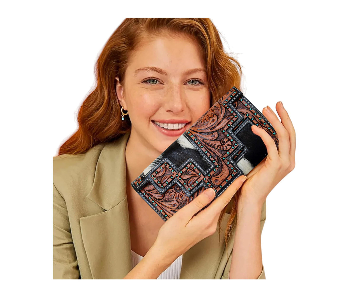 This Elegant, Handcrafted Leather Wallet—held Stylishly By Our Model—showcases A Perfect Blend Of Modern Style And Traditional Charm. Featuring Unique Cowhide Patterns Detailed Tooling, It Offers Secure Zip Compartments For Cards, Cash, Keys. Ideal Daily Use, Office Wear, Or Party Nights. Thoughtful Personalized Customized Accessory, Makes Birthday Gift Graduation Men Women Who Appreciate Functional Sophistication.