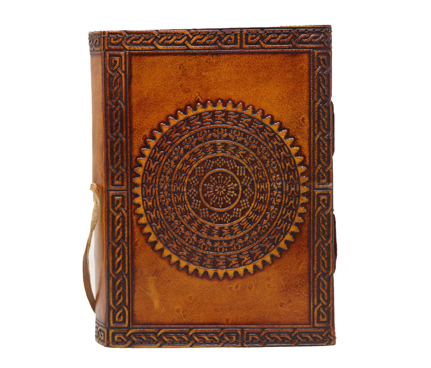 Sun Mandala Leather Journal – Handmade Vintage Notebook For Writing, Sketching & Gifting Elevate Your Journaling Experience With This Embossed Journal, A Tribute To Spiritual Symbolism And Artisanal Craftsmanship. The Intricate Pattern, Hand-embossed On Premium Full-grain Leather, Radiates Warmth Creativity, Making Each Piece Of Art. Crafted Wrap-around Tie Secure Closure, Vintage-style Includes Deckle-edge Paper—perfect Sketching, Or Meditation Journaling. Rich Tan Finish Paired Detailed Celtic Border Adds