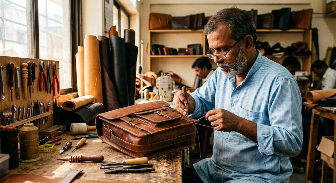 Leather artisan in India crafting a bag by hand in a traditional workshop