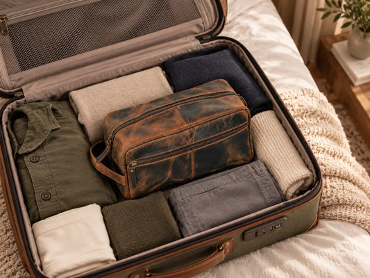 Brown leather toiletry bag on a wooden surface with travel accessories