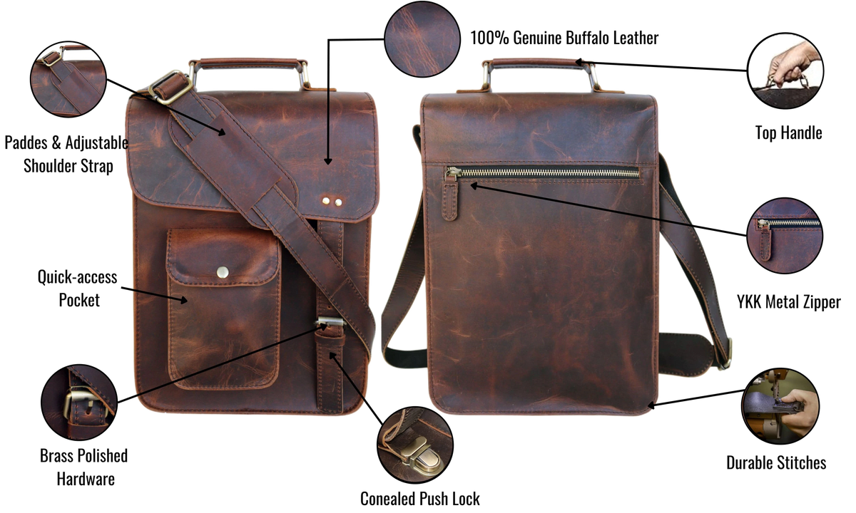 This Image Highlights The Key External Features Of A High-quality Leather Crossbody Bag, Crafted From 100% Genuine Buffalo Leather. Front View Showcases Quick-access Pocket For Frequently Used Items, Secured With Concealed Push-lock Closure. Brass-polished Hardware Adds Vintage Charm And Lasting Durability. Padded, Adjustable Shoulder Strap Ensures Comfortable Carrying, While Sturdy Top Handle Offers An Alternative Grip. Rear Reliable Ykk Metal Zipper Secure Storage. Perfect Personalized Customized Gift Men