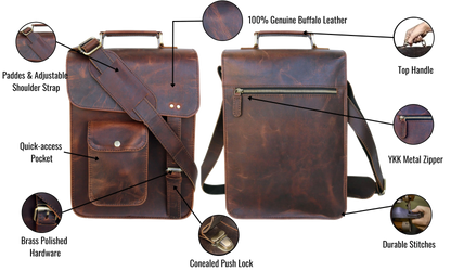 This Image Highlights The Key External Features Of A High-quality Leather Crossbody Bag, Crafted From 100% Genuine Buffalo Leather. Front View Showcases Quick-access Pocket For Frequently Used Items, Secured With Concealed Push-lock Closure. Brass-polished Hardware Adds Vintage Charm And Lasting Durability. Padded, Adjustable Shoulder Strap Ensures Comfortable Carrying, While Sturdy Top Handle Offers An Alternative Grip. Rear Reliable Ykk Metal Zipper Secure Storage. Perfect Personalized Customized Gift Men