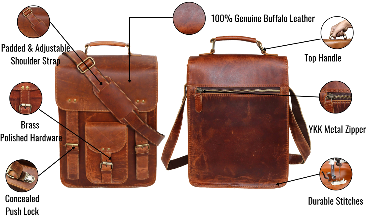 Expertly Handcrafted From 100% Genuine Buffalo Leather, This Vertical Leather Messenger Bag Is The Perfect Personalized And Customized Gift For Men And Women. With A Padded, Adjustable Shoulder Strap And Reinforced Top Handle, It Ensures Comfort And Ease On The Go. Polished Brass Hardware And Push-lock Closure Add Vintage Charm, While The Ykk Zipper And Precision Stitching Offer Durability. A Thoughtful Graduation Gift Or Birthday Gift For Professionals, Students, Or Travelers.