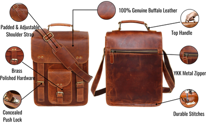 Expertly Handcrafted From 100% Genuine Buffalo Leather, This Vertical Leather Messenger Bag Is The Perfect Personalized And Customized Gift For Men And Women. With A Padded, Adjustable Shoulder Strap And Reinforced Top Handle, It Ensures Comfort And Ease On The Go. Polished Brass Hardware And Push-lock Closure Add Vintage Charm, While The Ykk Zipper And Precision Stitching Offer Durability. A Thoughtful Graduation Gift Or Birthday Gift For Professionals, Students, Or Travelers.