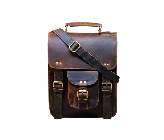 This Image Showcases A Rugged, Stylish Vintage Dark Brown Leather Sling Bag, Handcrafted From 100% Genuine Buffalo Leather. Featuring Classic Flap With Concealed Push Lock And Brass-polished Hardware, It Blends Charm Durability. Front Quick-access Pocket, Dual Buckle Straps, Adjustable Shoulder Strap Ensure Function Comfort. Top Handle For Versatility, Customized Unisex Bag Makes Perfect Personalized Gift Men Women ideal Birthdays, Graduation, Or Casual Use.