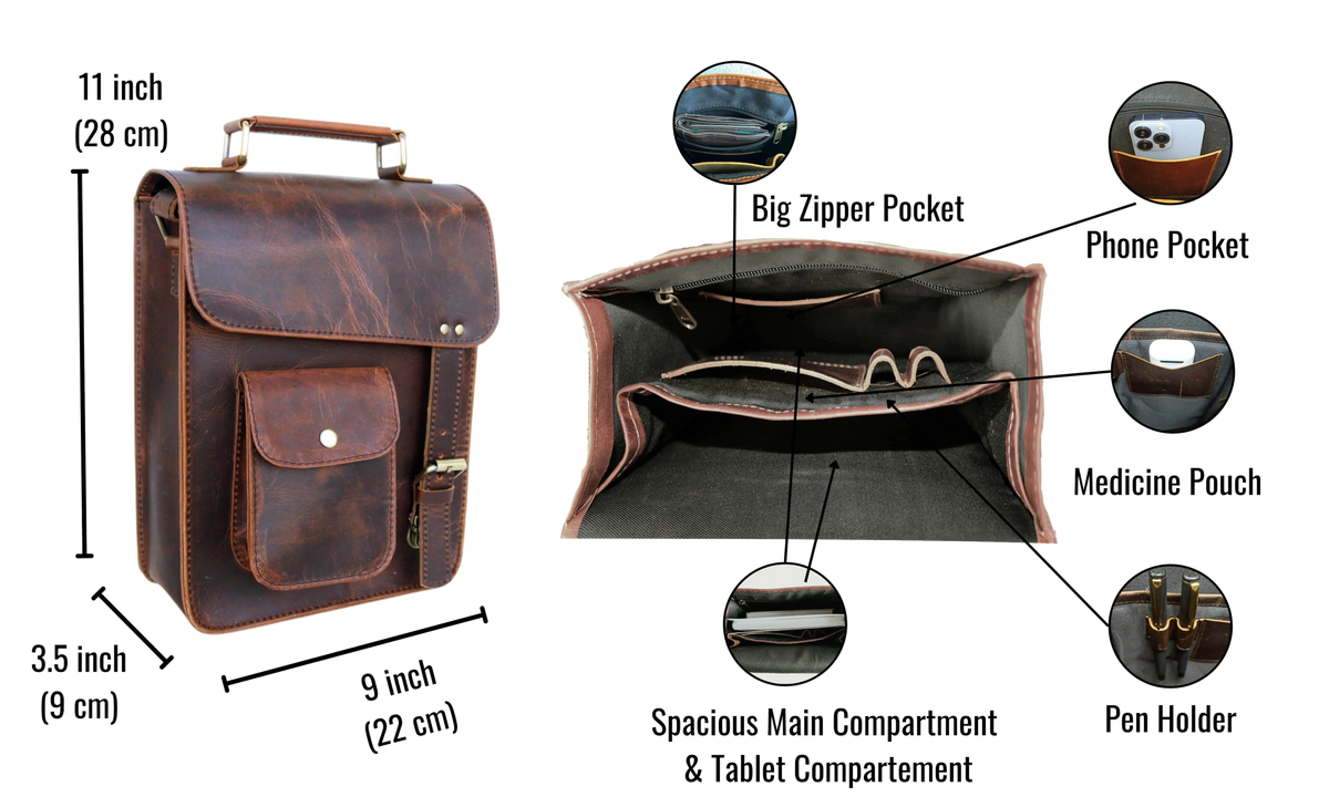 This Compact Leather Messenger Bag, Sized 11" X 9" 3.5", Is Handcrafted From 100% Genuine Buffalo Leather. Featuring A Tablet Sleeve, Smart Pockets, And Rugged Yet Sleek Design, It’s Ideal For Work, Travel, Or Daily Use. Timeless Crossbody Satchel That Combines Structure With Style, It Makes Perfect Personalized Gift Men Women, Thoughtful Graduation Gift, Stylish Birthday Gift. 