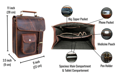 This Compact Leather Messenger Bag, Sized 11" X 9" 3.5", Is Handcrafted From 100% Genuine Buffalo Leather. Featuring A Tablet Sleeve, Smart Pockets, And Rugged Yet Sleek Design, It’s Ideal For Work, Travel, Or Daily Use. Timeless Crossbody Satchel That Combines Structure With Style, It Makes Perfect Personalized Gift Men Women, Thoughtful Graduation Gift, Stylish Birthday Gift. 