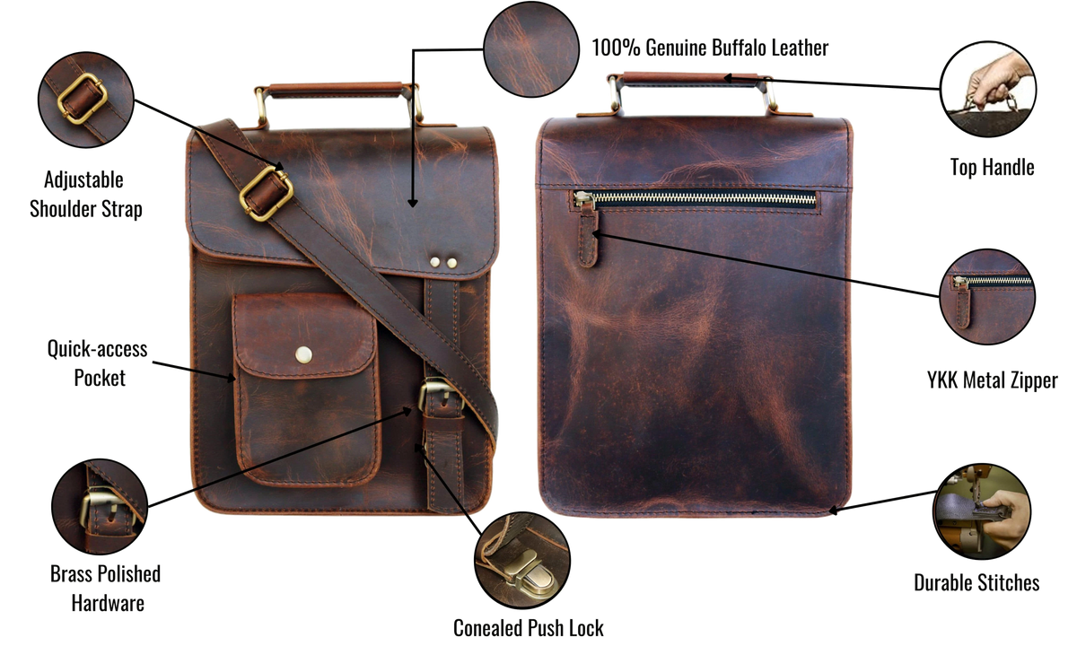 This Genuine Leather Messenger Bag Features A Spacious Main Compartment For Tablets, Books, Phones, And Essentials—perfect Travel Or Work. With Smart Interior Layout Including Zipper Pocket, Pen Holder, Phone Pouch, It Blends Rugged Charm Modern Function. Crafted From 100% Buffalo Leather, Customized Satchel Makes Thoughtful Gift Men Women—an Ideal Graduation Gift, Birthday Stylish Companion Students Professionals.