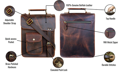 This Genuine Leather Messenger Bag Features A Spacious Main Compartment For Tablets, Books, Phones, And Essentials—perfect Travel Or Work. With Smart Interior Layout Including Zipper Pocket, Pen Holder, Phone Pouch, It Blends Rugged Charm Modern Function. Crafted From 100% Buffalo Leather, Customized Satchel Makes Thoughtful Gift Men Women—an Ideal Graduation Gift, Birthday Stylish Companion Students Professionals.