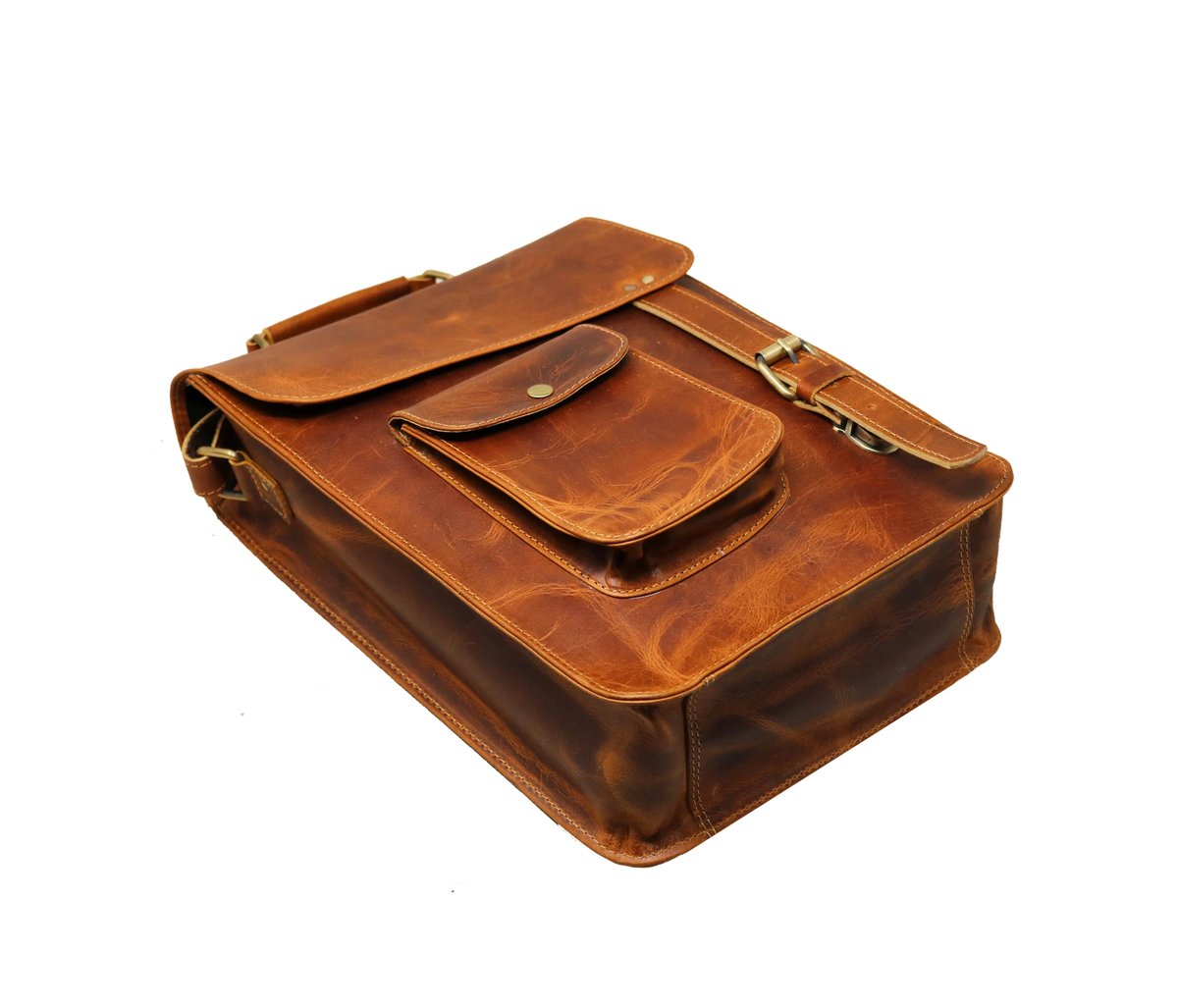This Angled Flat-lay View Captures The Rugged Elegance Of A Handcrafted Leather Crossbody Bag, Featuring Rich Distressed Tan Finish, Detailed Stitching, And Premium Structure. With Its Gusseted Base, Secure Snap-button Front Pocket, Solid Brass Buckle Strap, It Offers Ample Room For Tablets Essentials. Perfect Personalized Gift Men Women, Makes Thoughtful Birthday, Graduation, Or Customized Everyday Gift—blending Timeless Style Lasting Durability. 