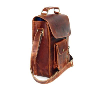 This Side-angle View Showcases The Refined Silhouette Of A Handcrafted Crossbody Bag, Made From Full-grain Buffalo Leather In Rich Tan-brown. Its Sleek, Upright Structure Features Wide Flap Closure, Snap-button Front Pocket, And Brass-finished Adjustable Strap. Blending Style Utility, Piece Is Perfect Personalized Gift For Men Women, Ideal As Graduation Gift, Birthday Or Customized Everyday Essential With Timeless Appeal.