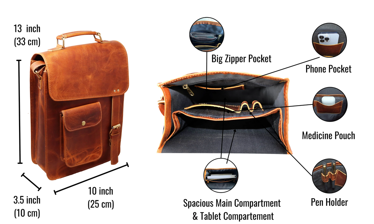 This Angled Flat-lay View Highlights The Refined Craftsmanship And Structured Design Of Leather Crossbody Bag. Its Rich, Distressed Tan Finish Exudes Rugged Yet Sophisticated Charm, While Detailed Stitching Smooth Texture Emphasize Premium Handmade Quality. Image Showcases Front Flap, Snap-button Pocket, Adjustable Strap With Solid Brass Buckle. Gusseted Sides Wide Base Offer Generous Storage—ideal For Tablets, Notebooks, Essentials. A Perfect Personalized Customized Gift Men Women—great As Birthday Gift