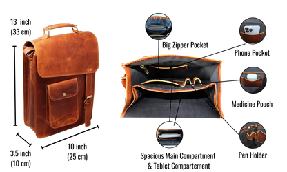 This Angled Flat-lay View Highlights The Refined Craftsmanship And Structured Design Of Leather Crossbody Bag. Its Rich, Distressed Tan Finish Exudes Rugged Yet Sophisticated Charm, While Detailed Stitching Smooth Texture Emphasize Premium Handmade Quality. Image Showcases Front Flap, Snap-button Pocket, Adjustable Strap With Solid Brass Buckle. Gusseted Sides Wide Base Offer Generous Storage—ideal For Tablets, Notebooks, Essentials. A Perfect Personalized Customized Gift Men Women—great As Birthday Gift