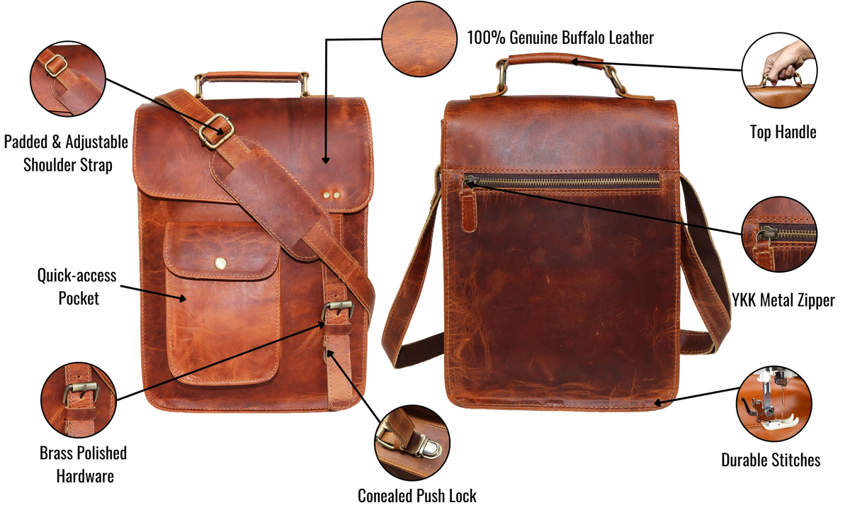 This Leather Crossbody Bag Is Meticulously Handcrafted From 100% Genuine Buffalo Leather, Blending Classic Style With Rugged Durability. Designed For Everyday Comfort, It Features A Padded, Adjustable Shoulder Strap And Sturdy Top Handle Versatile Carrying. Polished Brass Hardware Concealed Push-lock Closure Add Sophistication Security. Quick-access Front Pocket Premium Ykk Zipper On The Back, It’s Perfect Personalized Customized Gift Men Women—ideal As Birthday Or Graduation Gift.