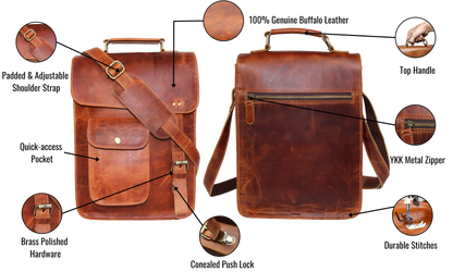 This Leather Crossbody Bag Is Meticulously Handcrafted From 100% Genuine Buffalo Leather, Blending Classic Style With Rugged Durability. Designed For Everyday Comfort, It Features A Padded, Adjustable Shoulder Strap And Sturdy Top Handle Versatile Carrying. Polished Brass Hardware Concealed Push-lock Closure Add Sophistication Security. Quick-access Front Pocket Premium Ykk Zipper On The Back, It’s Perfect Personalized Customized Gift Men Women—ideal As Birthday Or Graduation Gift.
