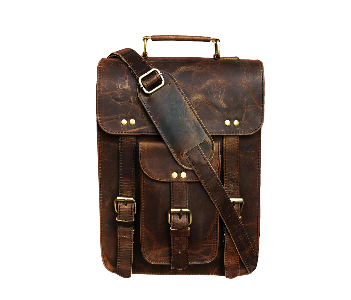 This Image Showcases The Front View Of A Rugged And Stylish Vintage Leather Sling Bag, Meticulously Crafted From 100% Genuine Buffalo Leather. It Features Broad, Adjustable Padded Shoulder Strap Sturdy Top Handle For Dual Carrying Convenience. Brass-polished Hardware, Including Buckles Rivets, Adds Antique Charm. Flap Secures With Push-lock Closure, Complemented By Prominent Pocket Buckle. Its Deep Distressed Brown Finish, Customized Bag Makes Perfect Personalized Gift Men Women—ideal Birthdays