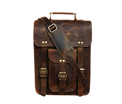 This Image Showcases The Front View Of A Rugged And Stylish Vintage Leather Sling Bag, Meticulously Crafted From 100% Genuine Buffalo Leather. It Features Broad, Adjustable Padded Shoulder Strap Sturdy Top Handle For Dual Carrying Convenience. Brass-polished Hardware, Including Buckles Rivets, Adds Antique Charm. Flap Secures With Push-lock Closure, Complemented By Prominent Pocket Buckle. Its Deep Distressed Brown Finish, Customized Bag Makes Perfect Personalized Gift Men Women—ideal Birthdays