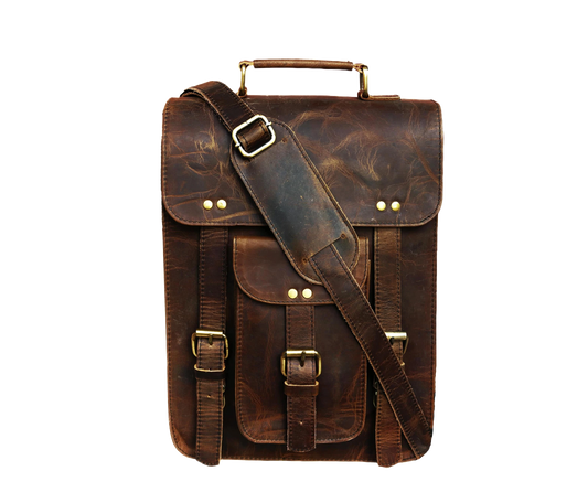 This Image Showcases The Front View Of A Rugged And Stylish Vintage Leather Sling Bag, Meticulously Crafted From 100% Genuine Buffalo Leather. It Features Broad, Adjustable Padded Shoulder Strap Sturdy Top Handle For Dual Carrying Convenience. Brass-polished Hardware, Including Buckles Rivets, Adds Antique Charm. Flap Secures With Push-lock Closure, Complemented By Prominent Pocket Buckle. Its Deep Distressed Brown Finish, Customized Bag Makes Perfect Personalized Gift Men Women—ideal Birthdays