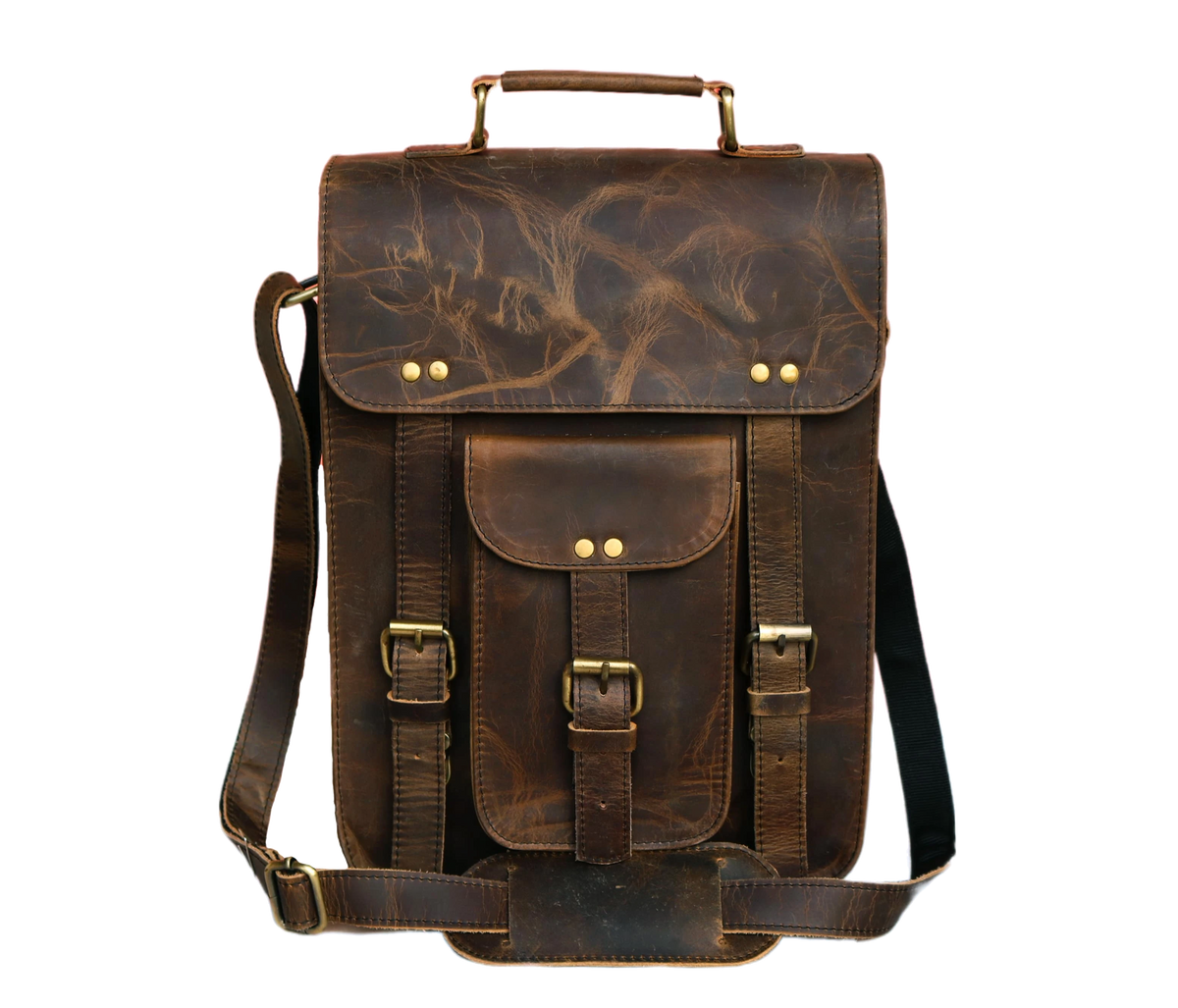 This Image Features The Front View Of A Handcrafted Vintage Leather Sling Bag, Exuding Rugged Charm And Timeless Elegance. Made From 100% Genuine Buffalo Leather, It Showcases A Naturally Distressed Finish That Highlights The Uniqueness Of The Hide. Designed For Functionality, It Includes A Top Carry Handle, A Broad Padded Adjustable Strap, A Concealed Push-lock Flap, Dual Buckle Straps, And A Central Pocket With Its Own Closure. A Perfect Customized, Personalized Gift For Men And Women—ideal For Birthdays 