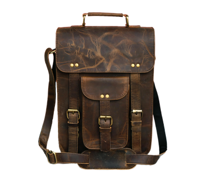 This Image Features The Front View Of A Handcrafted Vintage Leather Sling Bag, Exuding Rugged Charm And Timeless Elegance. Made From 100% Genuine Buffalo Leather, It Showcases A Naturally Distressed Finish That Highlights The Uniqueness Of The Hide. Designed For Functionality, It Includes A Top Carry Handle, A Broad Padded Adjustable Strap, A Concealed Push-lock Flap, Dual Buckle Straps, And A Central Pocket With Its Own Closure. A Perfect Customized, Personalized Gift For Men And Women—ideal For Birthdays 