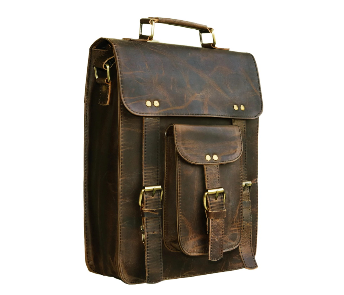 This Image Presents A Side-angled View Of Premium Vintage Leather Sling Bag, Showcasing Its Structured Design And Refined Craftsmanship. Made From 100% Genuine Buffalo Leather, It Features Rich Dark Brown Tone With Natural Textures For Rugged Yet Sophisticated Look. The Reinforced Top Handle Brass Fittings Ensures Strong Grip. Flap Concealed Push-lock Dual Buckle Straps Adds Style Security. Customized, Personalized Gift Men Women—ideal Birthdays Or Graduations 