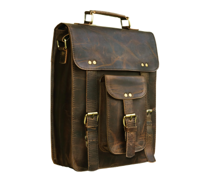 This Image Presents A Side-angled View Of Premium Vintage Leather Sling Bag, Showcasing Its Structured Design And Refined Craftsmanship. Made From 100% Genuine Buffalo Leather, It Features Rich Dark Brown Tone With Natural Textures For Rugged Yet Sophisticated Look. The Reinforced Top Handle Brass Fittings Ensures Strong Grip. Flap Concealed Push-lock Dual Buckle Straps Adds Style Security. Customized, Personalized Gift Men Women—ideal Birthdays Or Graduations 