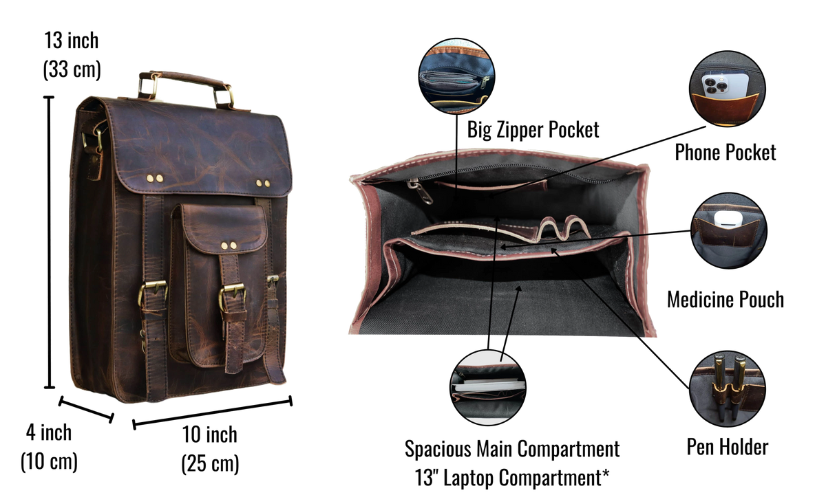 This Image Illustrates The Interior And Dimensions Of A Stylish, Functional Leather Bag, Meticulously Designed For Everyday Use. Measuring 13" X 10" X 4", It’s Compact Yet Spacious. The Interior Is Intelligently Organized With A Large Zippered Pocket, Dedicated Phone Slot, Medicine Pouch, And Pen Holders To Keep Essentials Neatly Arranged. The Roomy Main Compartment Includes A Padded Laptop Sleeve. A Customized, Personalized Gift For Men And Women—perfect For Birthdays Or Graduations.