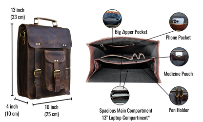 This Image Illustrates The Interior And Dimensions Of A Stylish, Functional Leather Bag, Meticulously Designed For Everyday Use. Measuring 13" X 10" X 4", It’s Compact Yet Spacious. The Interior Is Intelligently Organized With A Large Zippered Pocket, Dedicated Phone Slot, Medicine Pouch, And Pen Holders To Keep Essentials Neatly Arranged. The Roomy Main Compartment Includes A Padded Laptop Sleeve. A Customized, Personalized Gift For Men And Women—perfect For Birthdays Or Graduations.