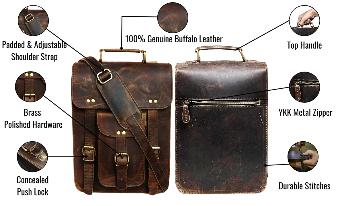 This Image Showcases A High-quality Leather Sling Bag, Emphasizing Its Premium Construction And Thoughtful Detailing. Crafted From 100% Genuine Buffalo Leather, It Exudes Durability And Vintage Charm. The Front View Highlights A Padded, Adjustable Shoulder Strap For Comfort And Flexible Carrying. Brass-polished Hardware And A Concealed Push Lock Provide Both Security And Elegance. On The Rear Side, A Sturdy Top Handle Offers Easy Hand Carrying—a Perfect Customized, Personalized Gift For Men And Women, Ideal