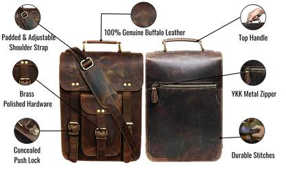 This Image Showcases A High-quality Leather Sling Bag, Emphasizing Its Premium Construction And Thoughtful Detailing. Crafted From 100% Genuine Buffalo Leather, It Exudes Durability And Vintage Charm. The Front View Highlights A Padded, Adjustable Shoulder Strap For Comfort And Flexible Carrying. Brass-polished Hardware And A Concealed Push Lock Provide Both Security And Elegance. On The Rear Side, A Sturdy Top Handle Offers Easy Hand Carrying—a Perfect Customized, Personalized Gift For Men And Women, Ideal