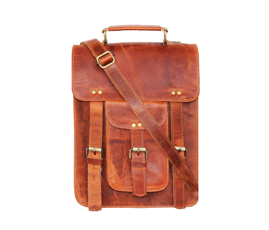 This Image Displays A Light Tan-brown Leather Sling Bag With Vintage Aesthetic, Crafted From Genuine Buffalo Leather. It Features Top Handle, Adjustable Shoulder Strap, And Distinctive Brass Buckle Closures. The Structured Front Flap Includes Dual Vertical Straps Central Quick-access Pocket. Its Rich Tone Natural Texture Offer Rugged Yet Refined Look. Customized Daily Essential, It’s Perfect Personalized Gift For Men Women—ideal Travel, Work, Or Birthdays 