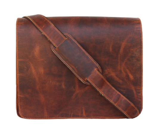 The Front View Of This Personalized Vintage Leather Messenger Bag Showcases A Clean, Minimalistic Design With A Broad, Padded Shoulder Strap Draped Across The Flap. Handcrafted From 100% Genuine Buffalo Leather, It Features A Rich, Distressed Patina That Adds Timeless Charm. This Customized Gift For Men And Women Is Perfect For Daily Use And Makes A Thoughtful Birthday Gift, Graduation Gift, Or Professional Accessory For Those Who Appreciate Elegance And Lasting Utility.
