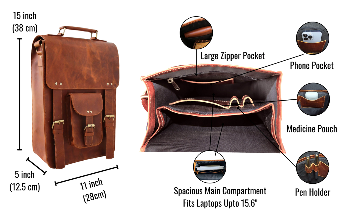 Designed To Blend Timeless Elegance With Practical Utility, This Handcrafted Vertical Leather Messenger Bag Is A Personalized And Customized Gift For Men Women. Measuring 15" X 11" 5" (38 28 12.5 Cm), It Fits Up 15.6" Laptop Includes Large Zipper Pocket, Phone Holder, Medicine Pouch, Pen Slots. Crafted From Premium Full-grain Buffalo Leather, Makes Thoughtful Birthday Gift, Graduation Or Daily Essential.