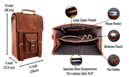Designed To Blend Timeless Elegance With Practical Utility, This Handcrafted Vertical Leather Messenger Bag Is A Personalized And Customized Gift For Men Women. Measuring 15" X 11" 5" (38 28 12.5 Cm), It Fits Up 15.6" Laptop Includes Large Zipper Pocket, Phone Holder, Medicine Pouch, Pen Slots. Crafted From Premium Full-grain Buffalo Leather, Makes Thoughtful Birthday Gift, Graduation Or Daily Essential.
