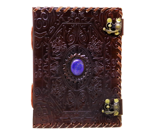 This Ornate Handcrafted Leather Journal Features An Intricate Floral And Swirl Embossing, Centered With A Striking Purple Stone Encased In Decorative Circular Motif—adding Mystical, Regal Charm. The Deep Brown Cover Is Secured By Two Vintage-style Brass Latches For Added Elegance Function. Hand-stitched Edges Carved Detailing, It's Personalized, Customizable Gift—perfect Journaling, Sketching, Or Gifting As Timeless Piece Of Functional Art.