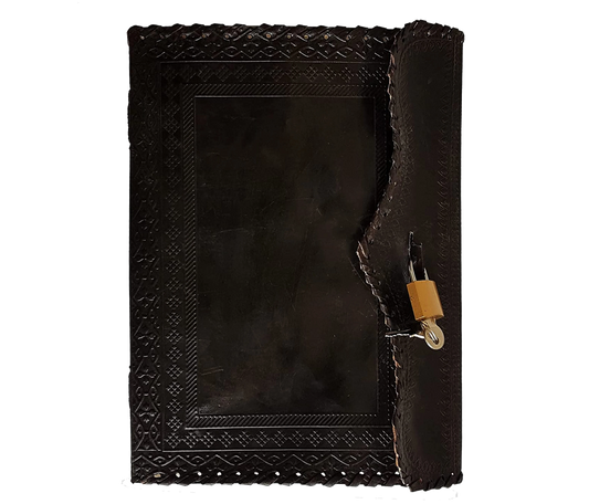 This Elegant Black Leather Journal Exudes Timeless Sophistication With Its Traditionally Tanned, Richly Textured Cover. An Intricately Hand-embossed Border Frames The Smooth Central Panel, While A Scalloped Flap Lock-and-key Closure Ensures Privacy And Vintage Charm. Ideal For Sketching, Writing, Or Journaling, Handcrafted Piece Can Be Customized Personalized Touch—making It Thoughtful, Stylish Gift Creatives, Writers, Anyone Who Cherishes Classic Design Function. 