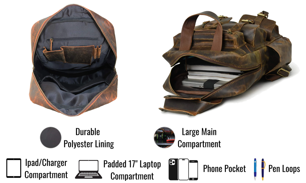 This Premium Genuine Leather Backpack Blends Rugged Charm With Smart Functionality. Featuring A Durable Polyester Lining, Padded 17" Laptop Compartment, Ipad/charger Sleeve, Phone Pocket, Pen Loops, And Spacious Main It Keeps Your Books, Gadgets, Essentials Organized Secure. Side Bottle Holders Front Pockets Offer Quick Access. Ideal For Work, Travel, Or Daily Commutes, Stylish Bag Makes Thoughtful, Personalized Gift Men Women—perfect As Birthday Graduation Gift.