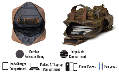 This Premium Genuine Leather Backpack Blends Rugged Charm With Smart Functionality. Featuring A Durable Polyester Lining, Padded 17" Laptop Compartment, Ipad/charger Sleeve, Phone Pocket, Pen Loops, And Spacious Main It Keeps Your Books, Gadgets, Essentials Organized Secure. Side Bottle Holders Front Pockets Offer Quick Access. Ideal For Work, Travel, Or Daily Commutes, Stylish Bag Makes Thoughtful, Personalized Gift Men Women—perfect As Birthday Graduation Gift.