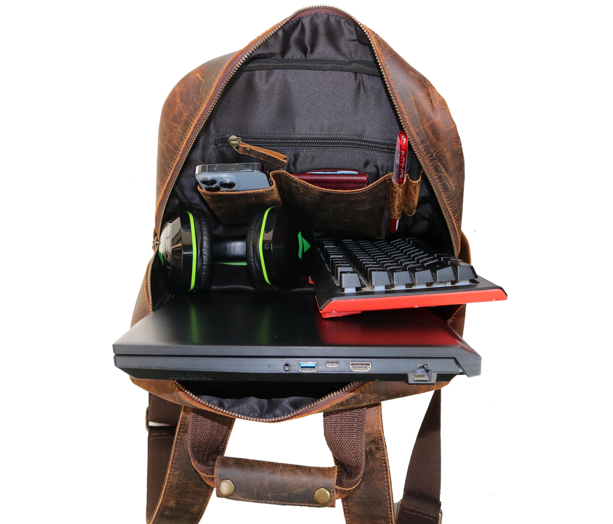 This Vintage Genuine Leather Backpack Offers Smart Organization With Spacious Compartments For Your Laptop, Keyboard, Headphones, Wallet, Phone, And More. Designed Professionals Travelers, It Features Durable Stitching, A Secure Zip Closure, Thoughtfully Placed Inner Pockets. The Rugged Finish Adds Timeless Style, While Compact Yet Roomy Design Keeps Essentials Organized On Go. Personalized Customized Gift Men Women—perfect As Birthday Gift, Graduation Or Stylish Daily Companion.