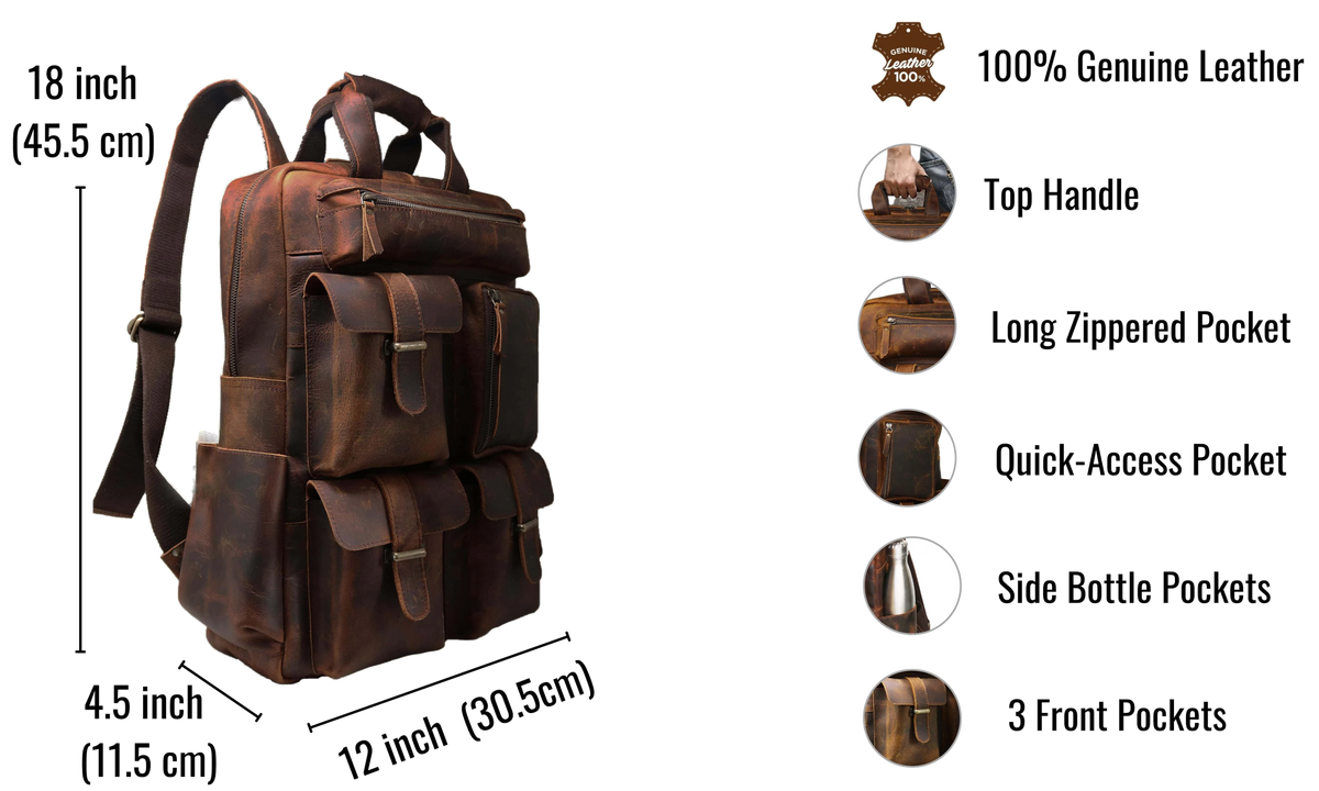 Elevate Your Style With This 100% Genuine Leather Backpack, Combining Durability Timeless Elegance. Measuring 18 X 12 4.5 Inches (45.5 30.5 11.5 Cm), It Offers Ample Space For Laptop, Books, And Daily Essentials. Thoughtfully Designed A Top Handle, Long Zippered Pocket, Quick-access Compartment, Side Bottle Holders, 3 Front Pockets Organized Storage. Perfect Customized Gift Men Women—ideal Birthdays, Graduations, Travel, Work, Or Everyday Use.