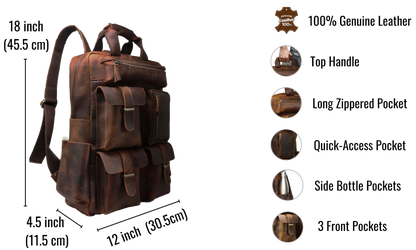 Elevate Your Style With This 100% Genuine Leather Backpack, Combining Durability Timeless Elegance. Measuring 18 X 12 4.5 Inches (45.5 30.5 11.5 Cm), It Offers Ample Space For Laptop, Books, And Daily Essentials. Thoughtfully Designed A Top Handle, Long Zippered Pocket, Quick-access Compartment, Side Bottle Holders, 3 Front Pockets Organized Storage. Perfect Customized Gift Men Women—ideal Birthdays, Graduations, Travel, Work, Or Everyday Use.