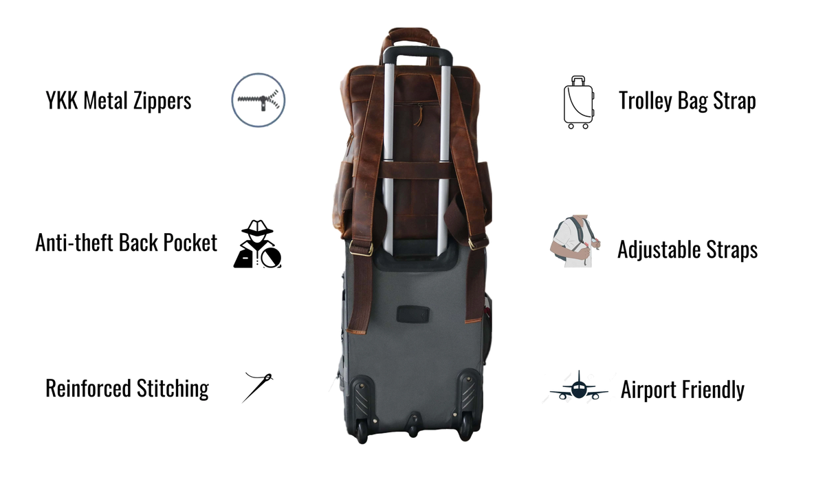 This Genuine Leather Travel Backpack Is Crafted For Modern Explorers, Blending Timeless Style With Travel-ready Features. Equipped With Durable Ykk Metal Zippers, Reinforced Stitching, And An Anti-theft Back Pocket, It Offers Both Security And Longevity. The Trolley Strap Makes It Easy To Attach To Luggage, While Adjustable Straps Ensure Personalized Comfort. Designed To Be Airport-friendly, It’s Ideal For Frequent Flyers. A Perfect Customized Gift For Men And Women—great For Work Trips, Vacations 